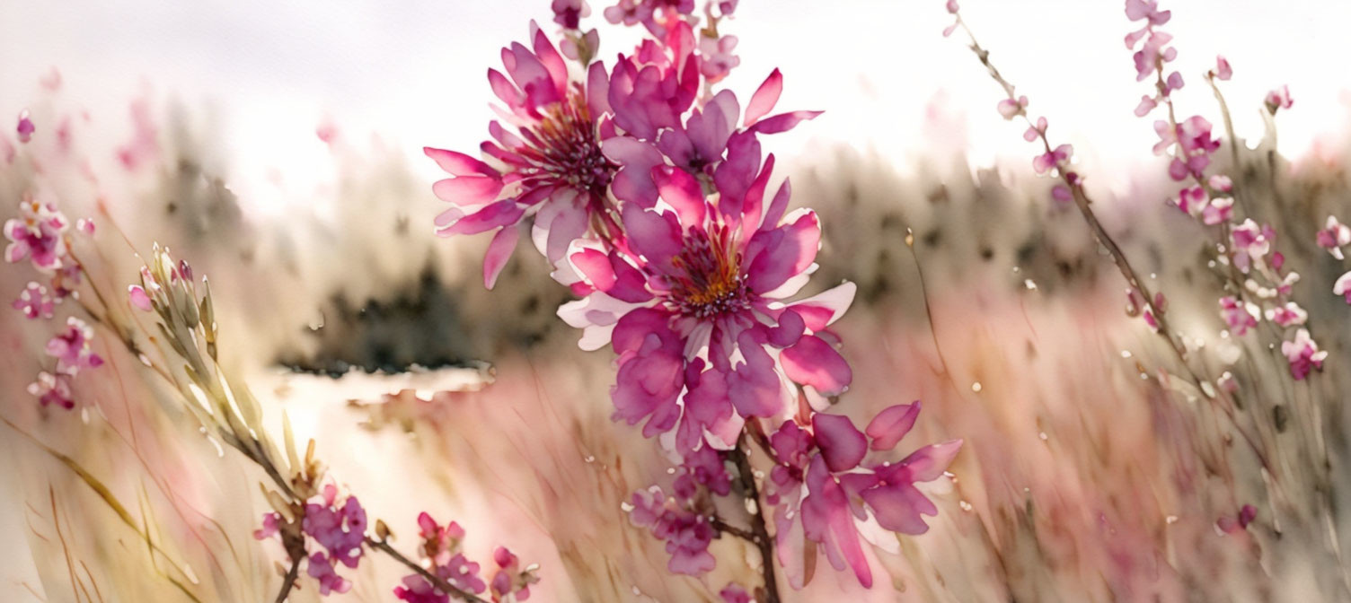 Pink Flowers in Golden Grass with Forest Background