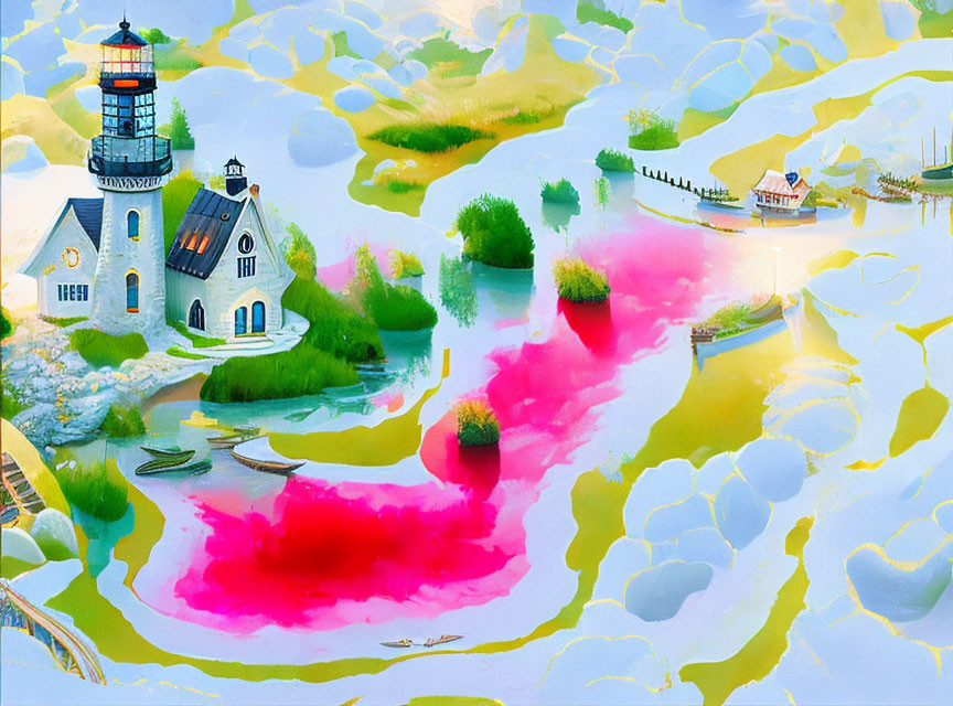 Colorful Abstract Painting of Lighthouse by River & Boat