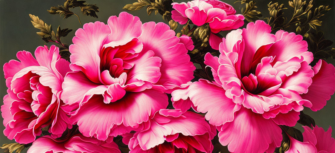 Vibrant pink flowers with ruffled petals on dark leafy backdrop