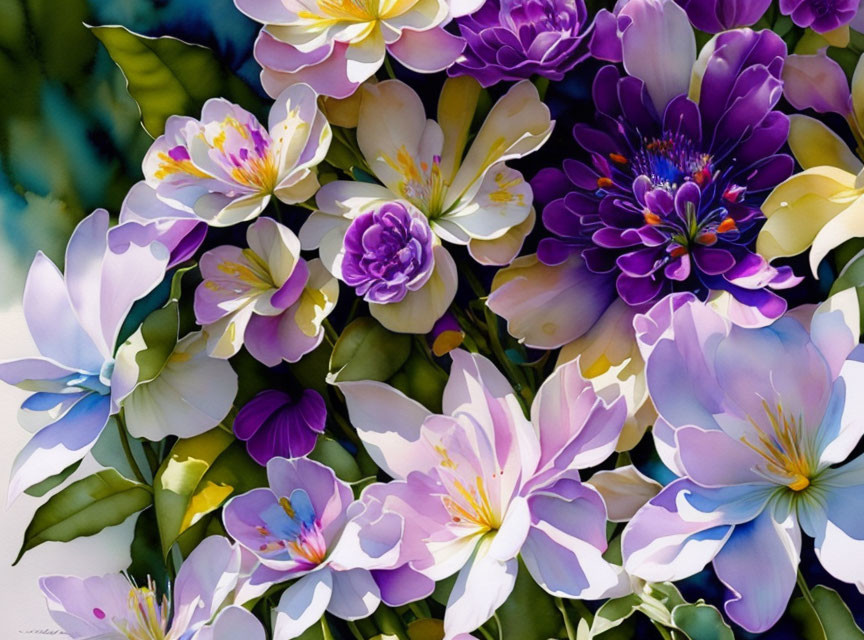 Colorful painting of purple, white, and yellow flowers in dappled sunlight