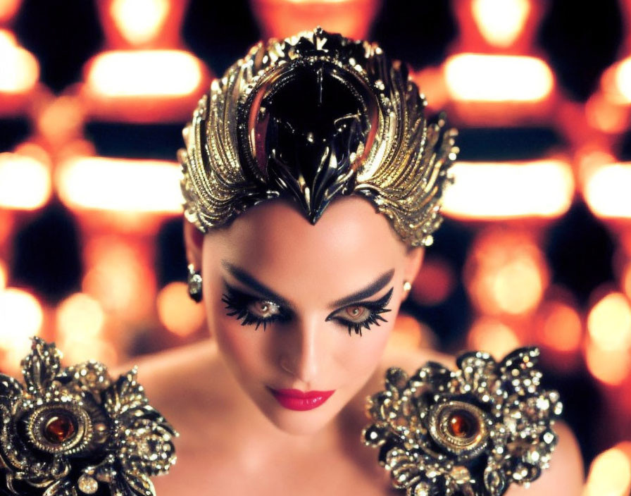 Woman with dramatic makeup and ornate headdress in bokeh light setting