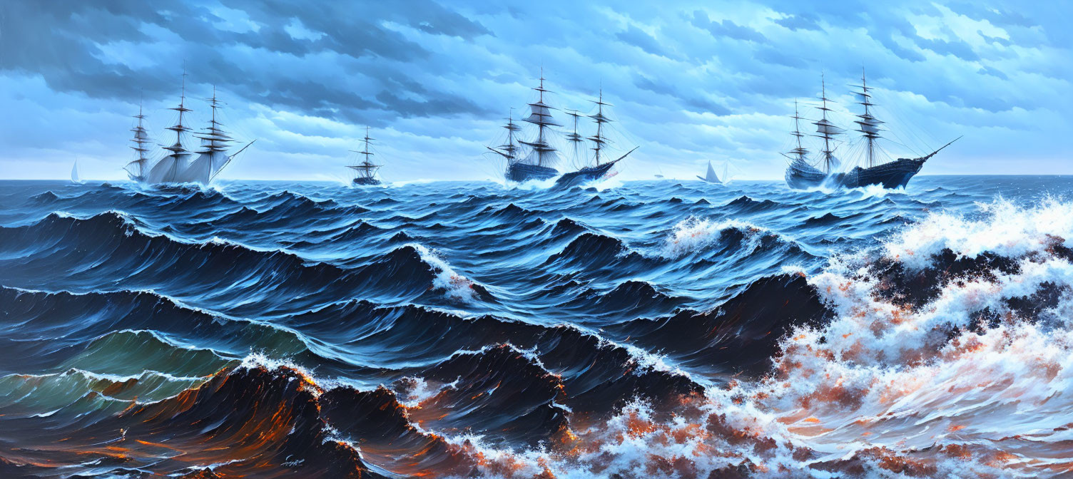 Sailing ships on stormy ocean waves