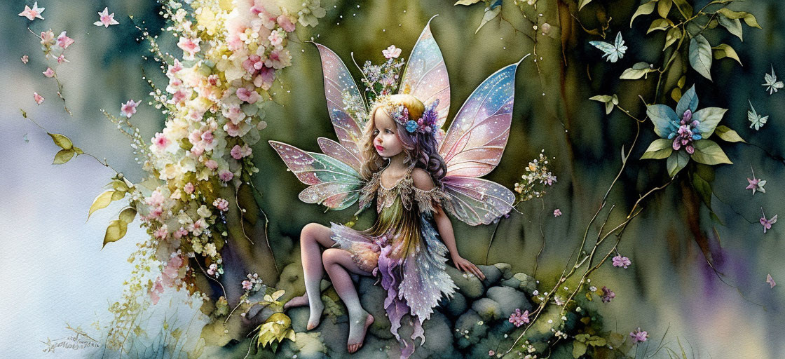 Fantastical image of fairy with iridescent wings among blooming flowers