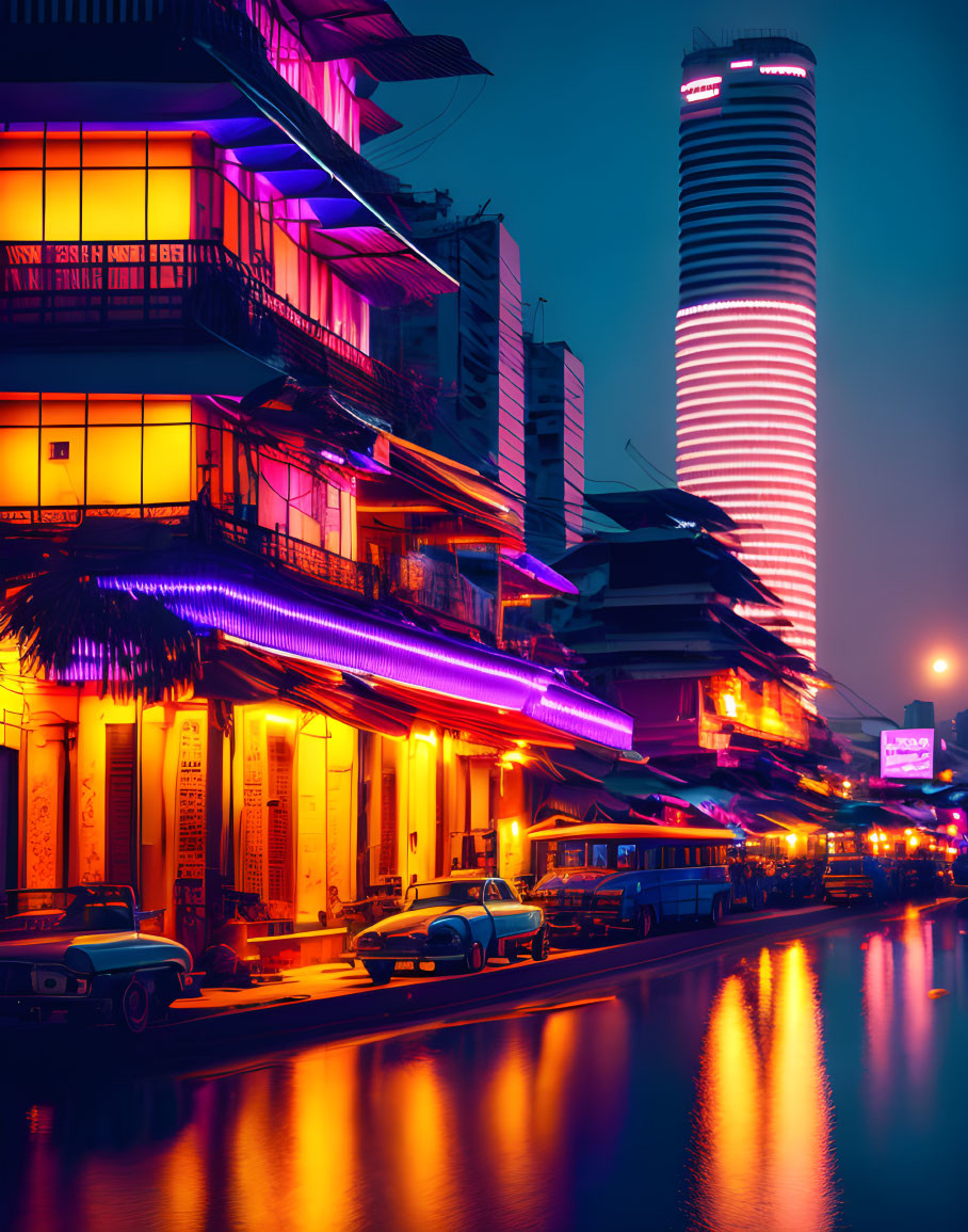 Urban canal scene at twilight with neon lights, traditional buildings, skyscraper, and vintage car