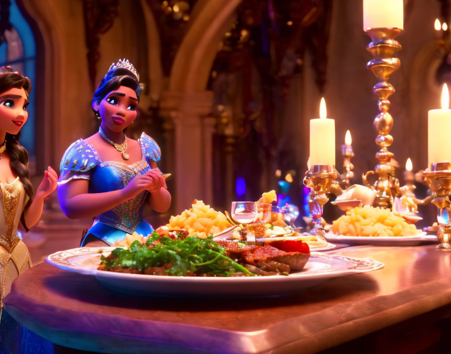 Animated princesses at royal banquet table with steaming dishes and lit candles