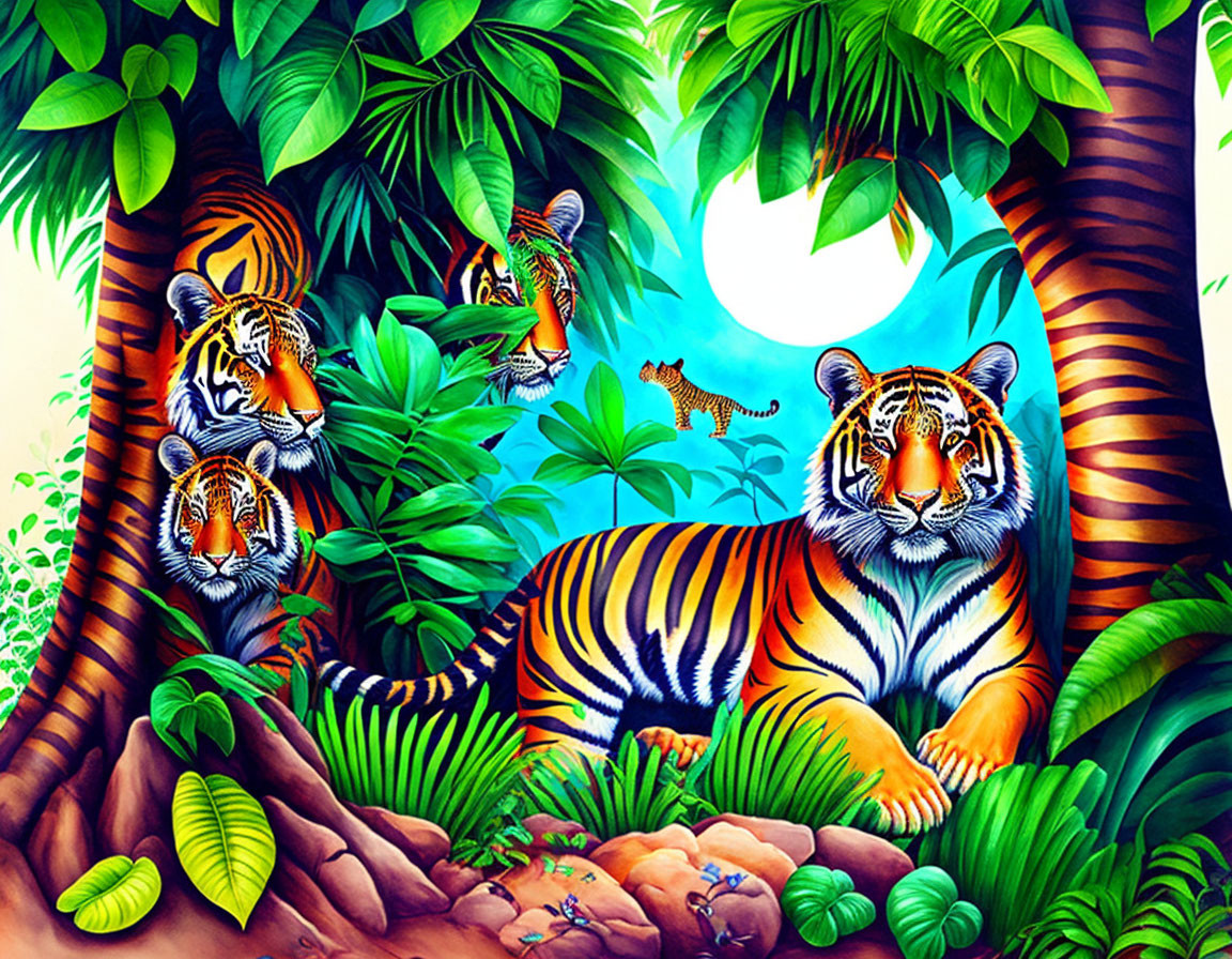 Three tigers in lush jungle setting with colorful plants