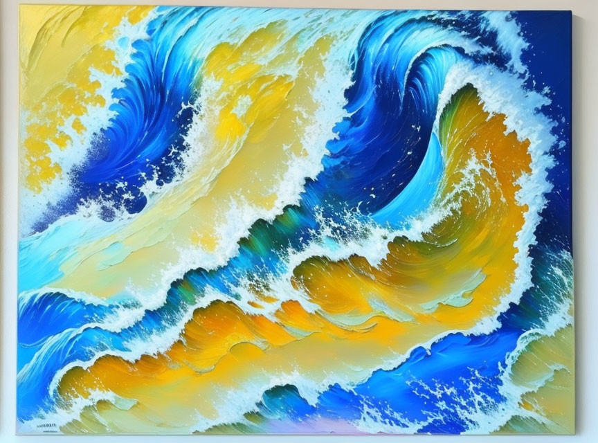 Swirling Blue and Yellow Waves Painting of Dynamic Sea Motion