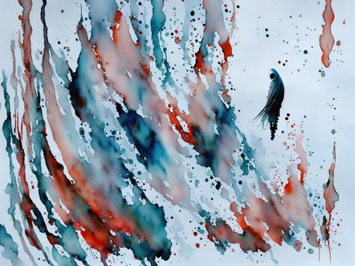 Abstract watercolor painting with red, blue, and black splashes, showcasing a bird-like figure and