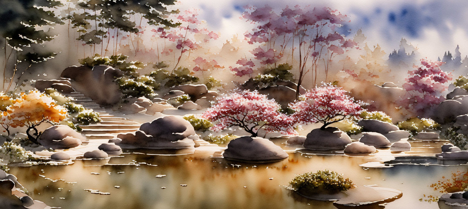 Serene pond with cherry trees in watercolor