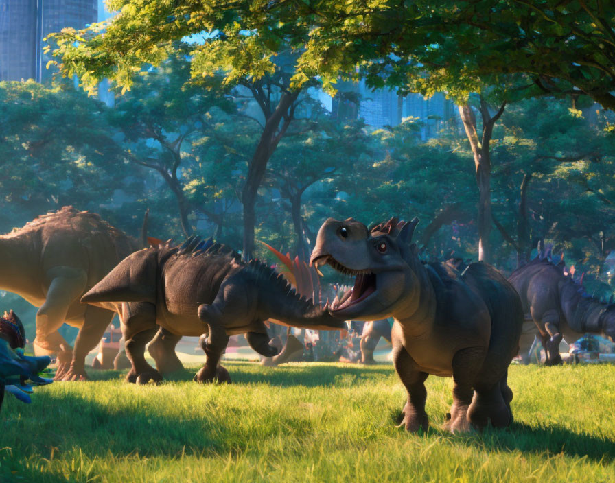 Friendly Animated Dinosaurs Walking in Lush Park