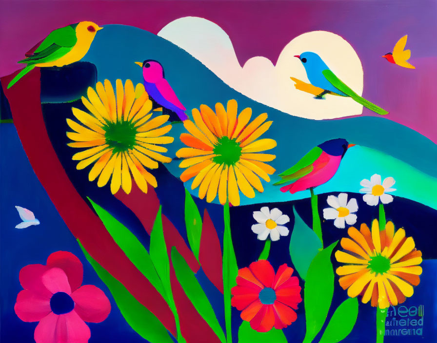 Colorful Birds on Blue Wave Surrounded by Flowers on Purple Background