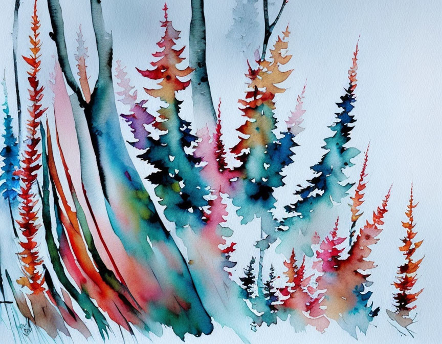 Colorful Watercolor Painting of Stylized Trees in Red, Orange, and Blue on White