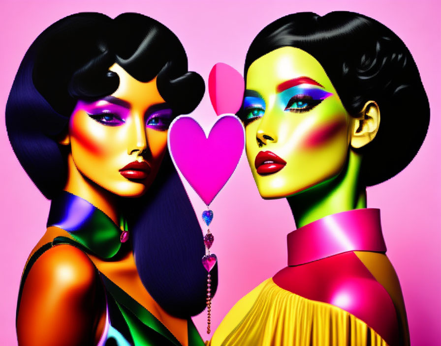 Stylized female figures with vibrant makeup on pink background