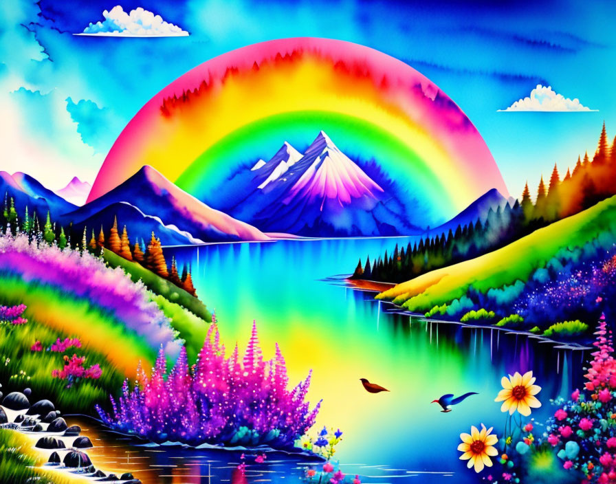 Scenic landscape with rainbow, snow-capped mountains, colorful flora, lake, birds, and skies