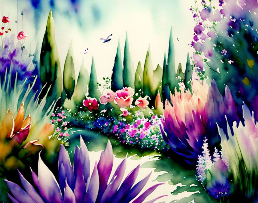 Colorful watercolor painting of lush garden with hummingbird