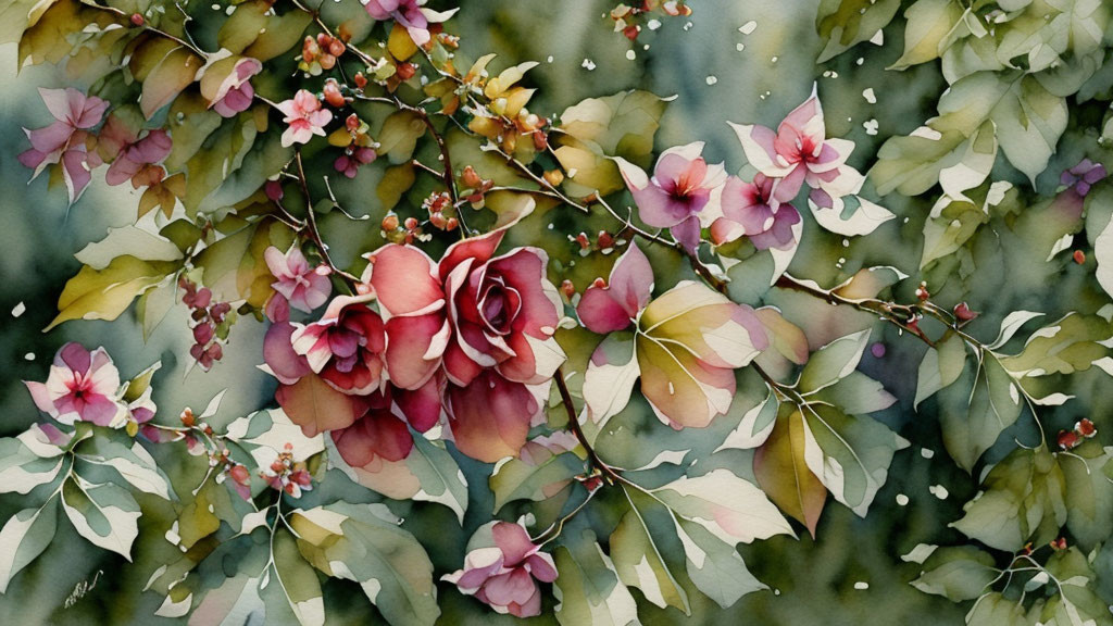 Colorful Watercolor Painting of Pink and Red Flowers and Leaves