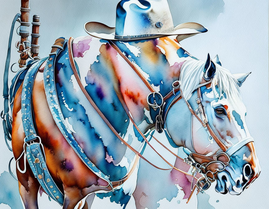 White horse in Western tack with blue and orange splashes