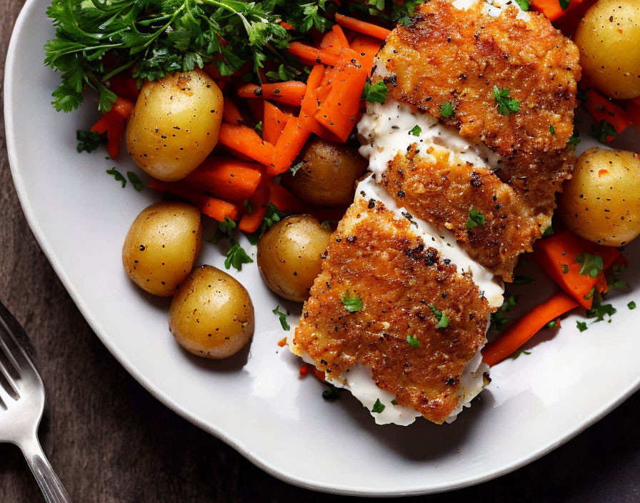 Breaded Chicken Cutlet with Cream Sauce and Potato Carrot Side