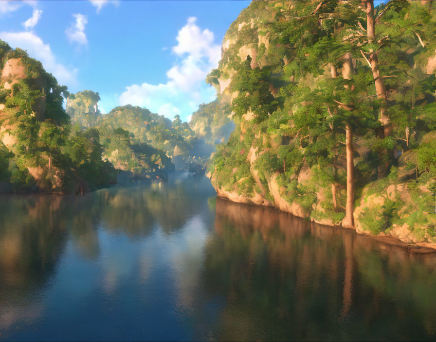 Tranquil river scene with green cliffs and trees at sunrise or sunset