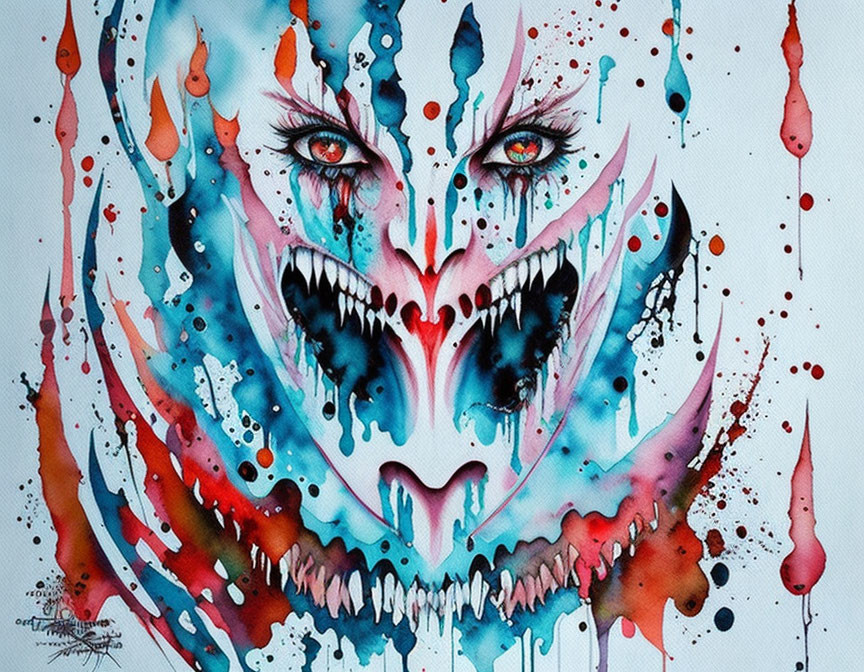 Colorful abstract watercolor painting of intense fantastical face