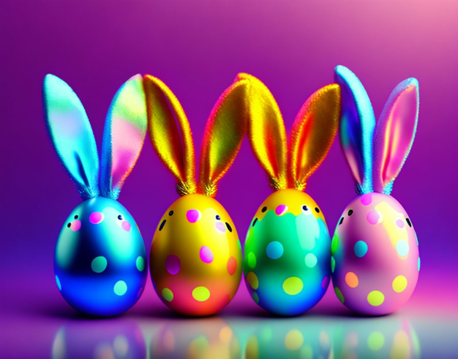 Four colorful Easter eggs with bunny ears on purple background reflecting.