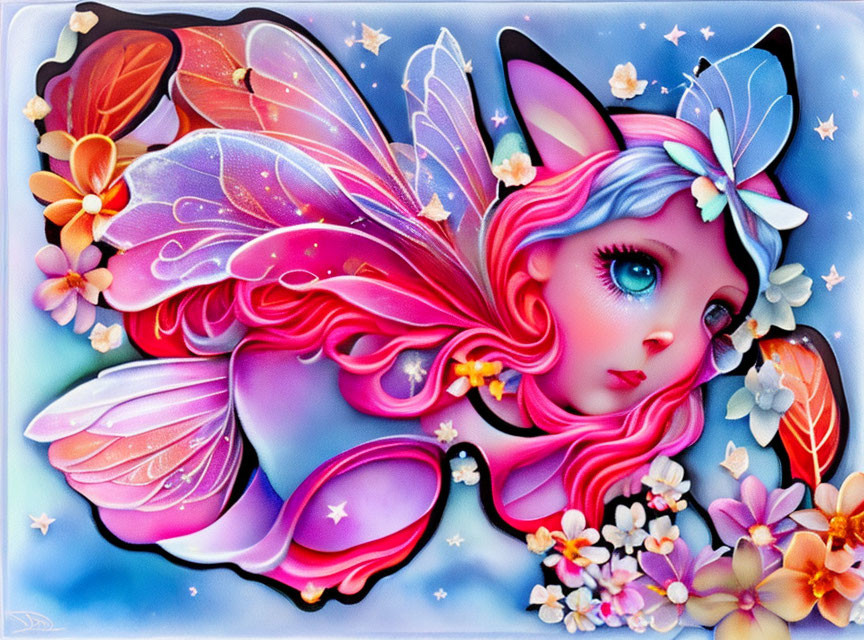 Colorful whimsical fairy creature with butterfly wings among vibrant flowers