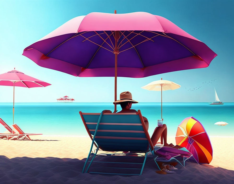 Beach scene with person under pink and purple umbrella