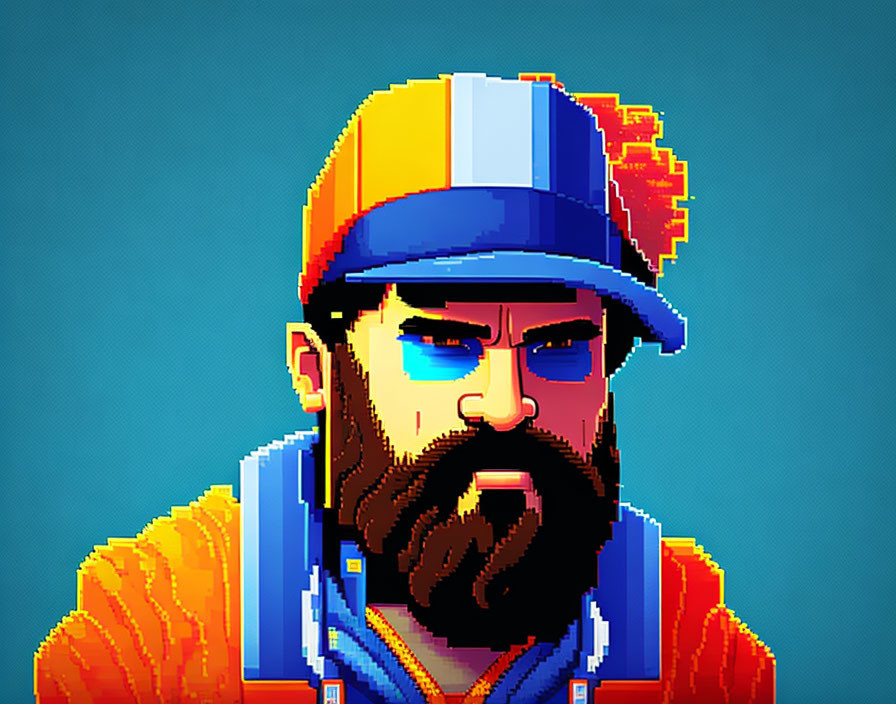 Colorful pixel art portrait of bearded man in cap with 80s arcade style.