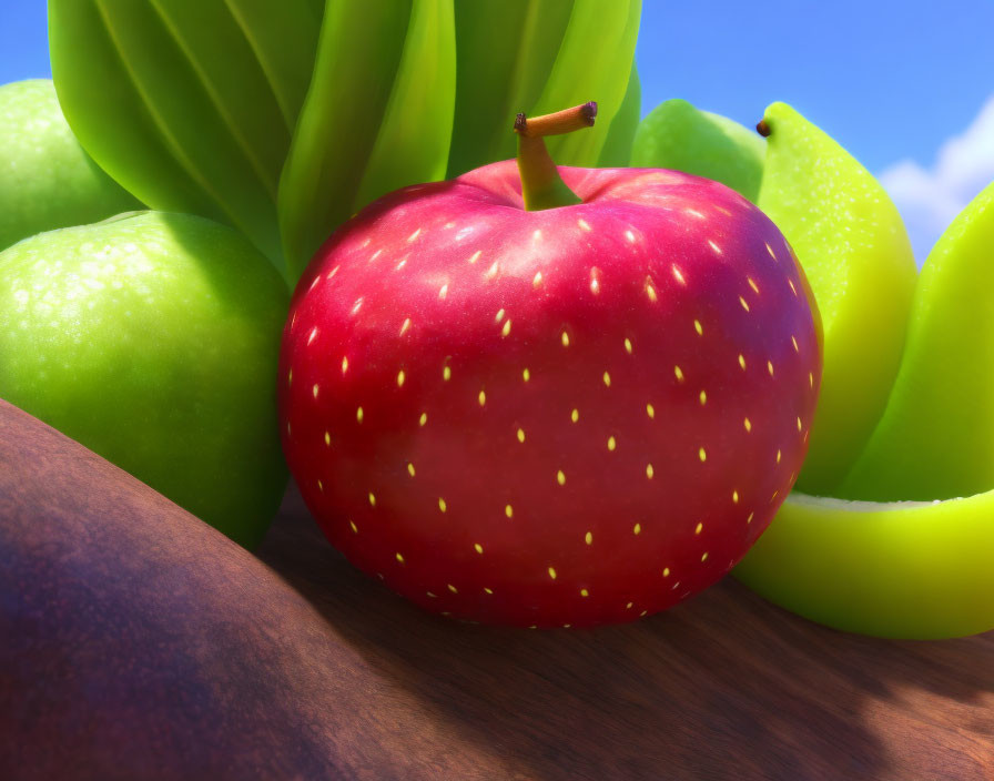 Fresh red apple with speckles, green bananas, and apples on wooden surface.