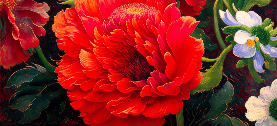 Detailed vibrant red peony among lush greenery and white blooms.