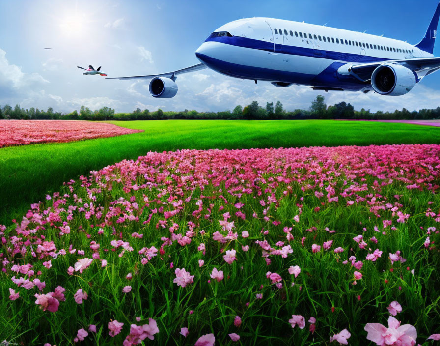 Commercial airplane flying low over vibrant pink flowers and green grass under blue sky.