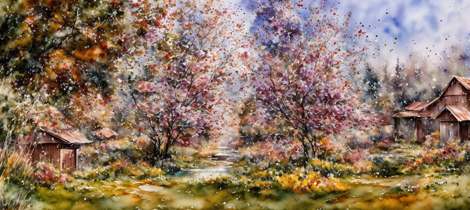 Colorful Watercolor Painting of Autumn Trees, Path, and Cabins