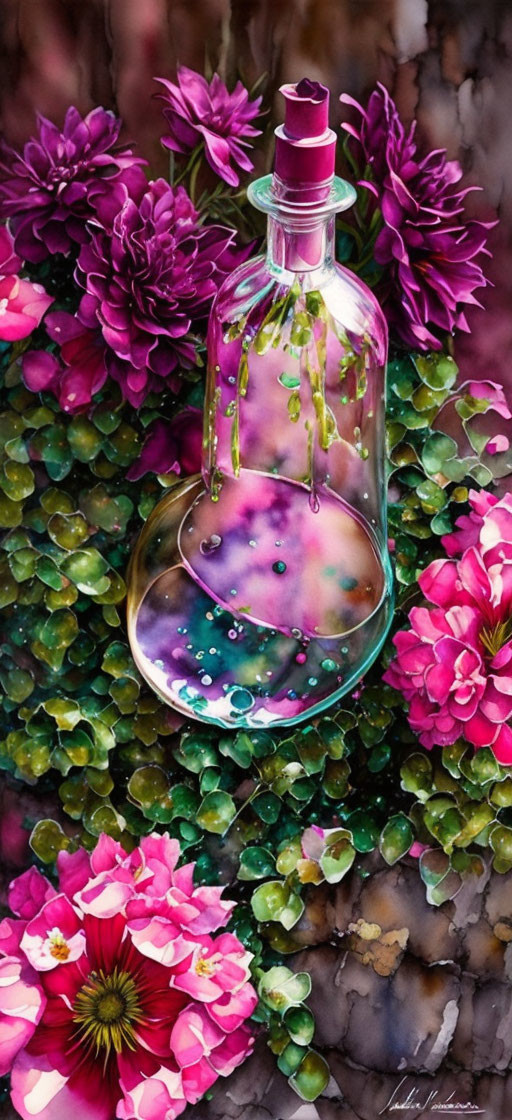 Vibrant pink cap on illustrated perfume bottle with purple and pink flowers