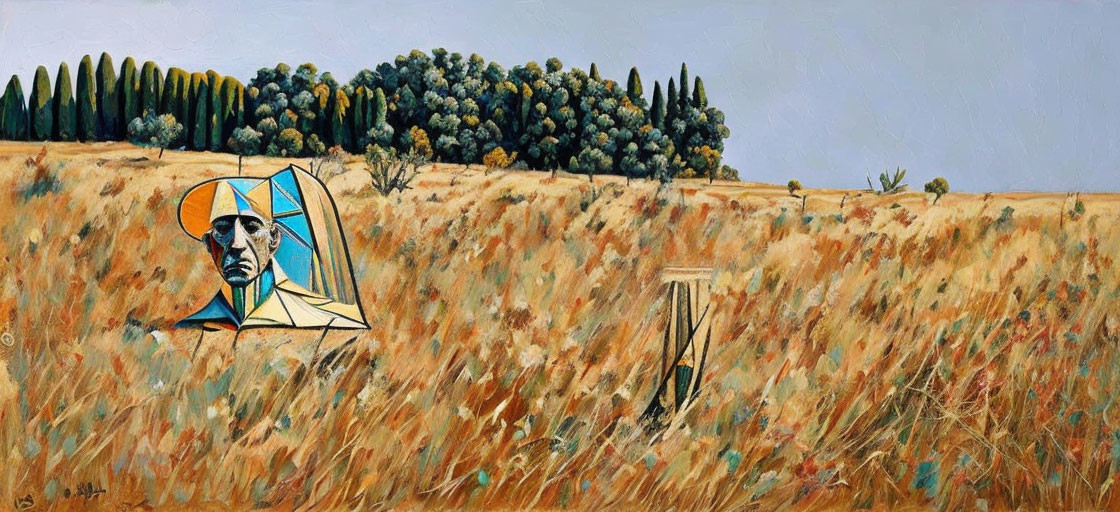 Surreal landscape painting with abstract human face kite above golden field