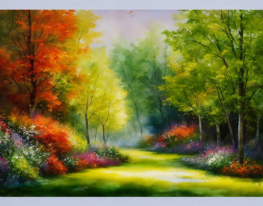 Colorful forest path with autumn and spring trees and flowers