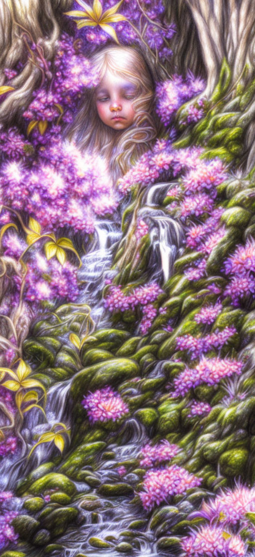 Illustration of girl's face in nature with flowers and waterfall