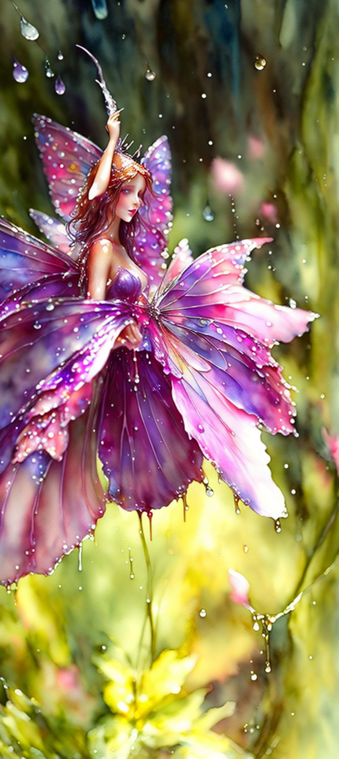 Whimsical fairy with purple wings in a magical forest