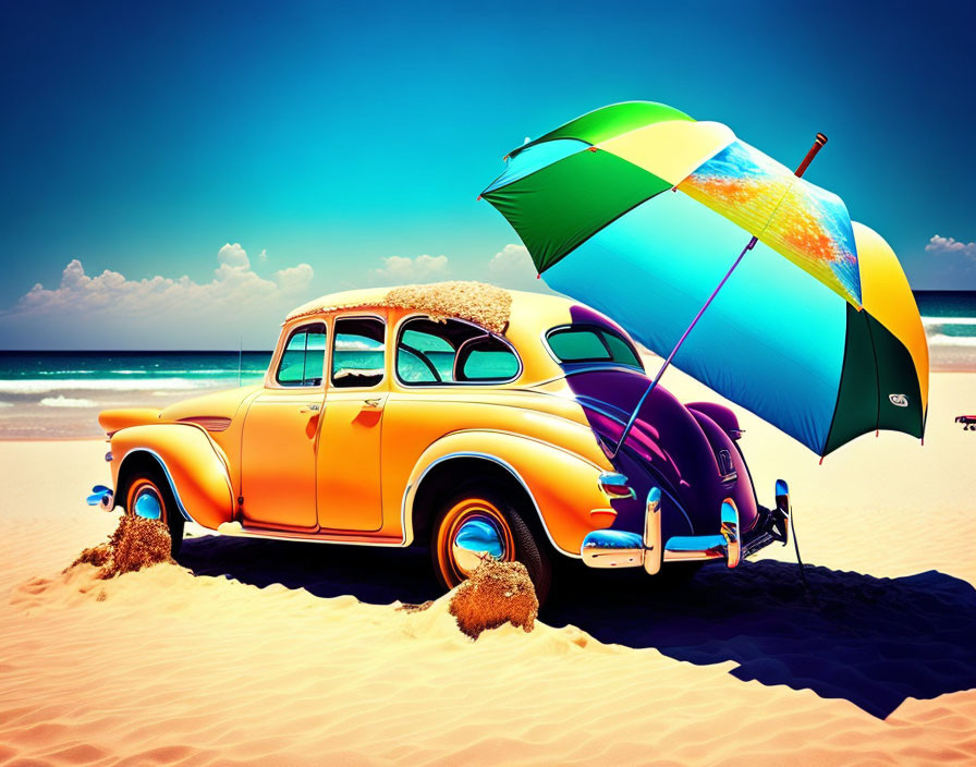 Vintage Yellow Car with Colorful Umbrella on Sunny Beach