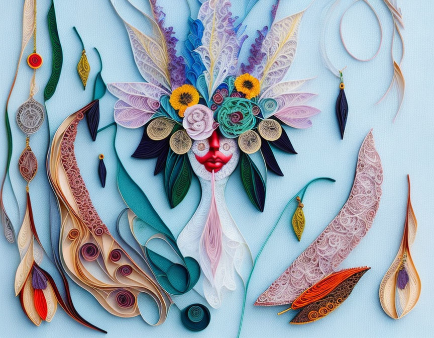 Abstract Paper Quilling Art: Colorful Face with Floral Elements