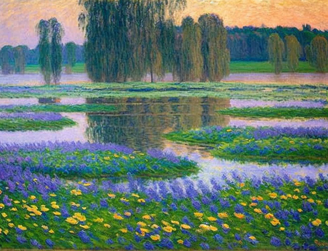 Serene landscape painting with violet and yellow flowers, reflective pond, and willow trees at twilight