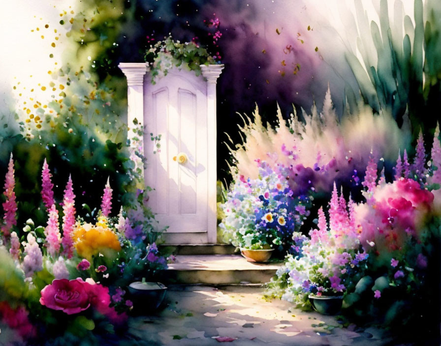 Colorful Watercolor Painting: Garden Scene with Flowers and White Door