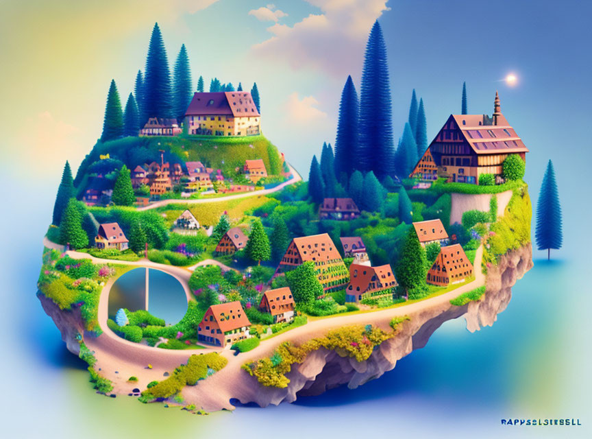 Whimsical floating island with houses, bridge, waterfall, greenery, and blue sky