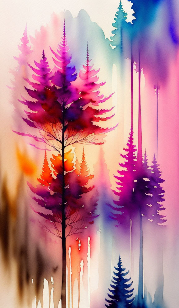 Abstract Watercolor Painting of Purple, Pink, and Blue Trees