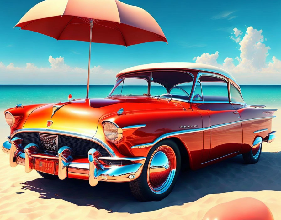 Vintage Red and White Car on Sandy Beach with Umbrella and Turquoise Sea