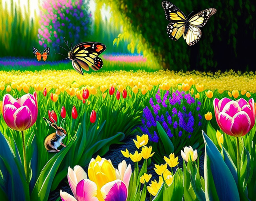 Colorful garden with tulips, daffodils, greenery, and butterflies under sunlight