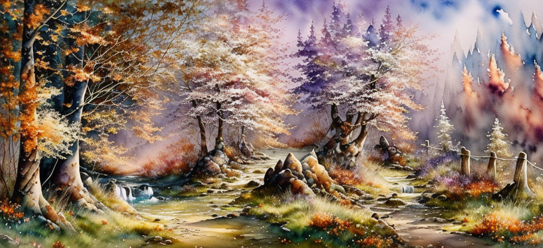 Vibrant autumn trees, serene stream, rocky terrain in landscape painting