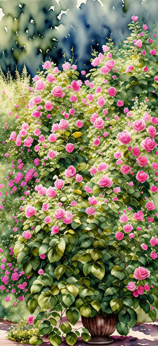 Pink roses and green foliage in garden pot with falling petals and flying birds.