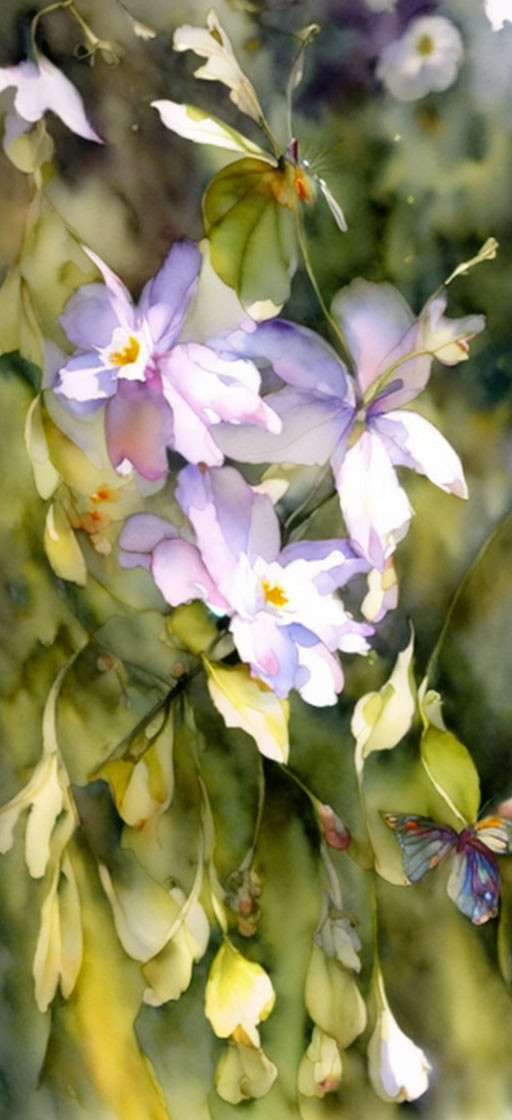 Light Purple Flowers and Butterfly in Watercolor Painting