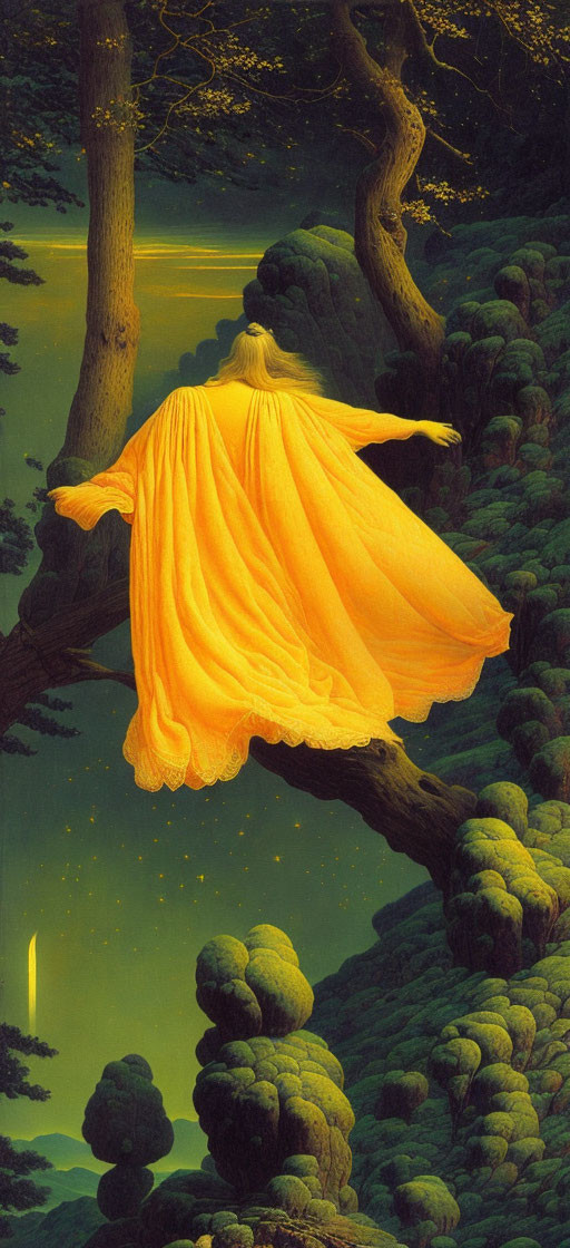 Ethereal figure in yellow gown on tree branch in luminous forest