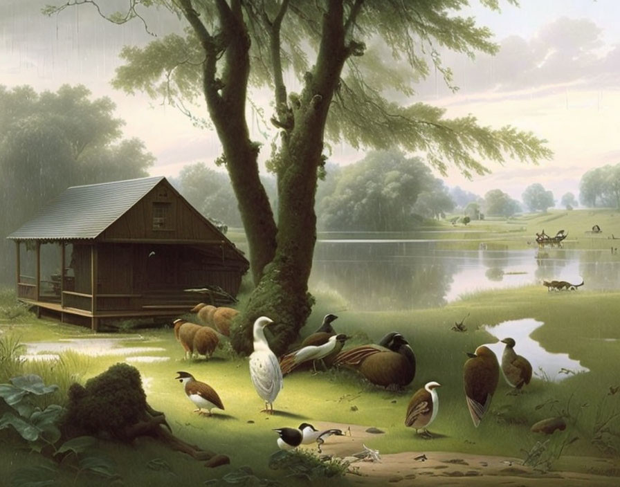 Tranquil countryside landscape with ducks, cabin, sheep, and boat under serene sky